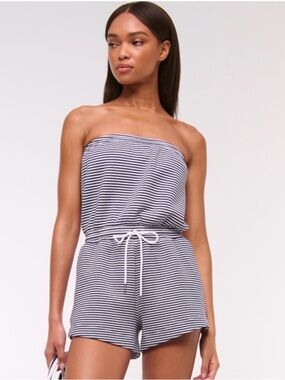 Striped Strapless Romper in Navy and White